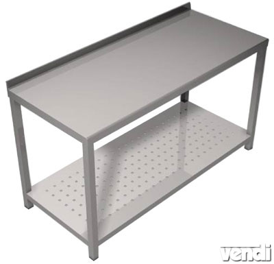 Előkészítő asztal rozsdamentes acélból, alsó csepegtető polccal, hátsó felhajtással, 110x60cm