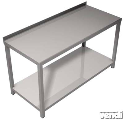 Előkészítő asztal rozsdamentes acélból, alsó polccal, hátsó felhajtással, 120x65cm
